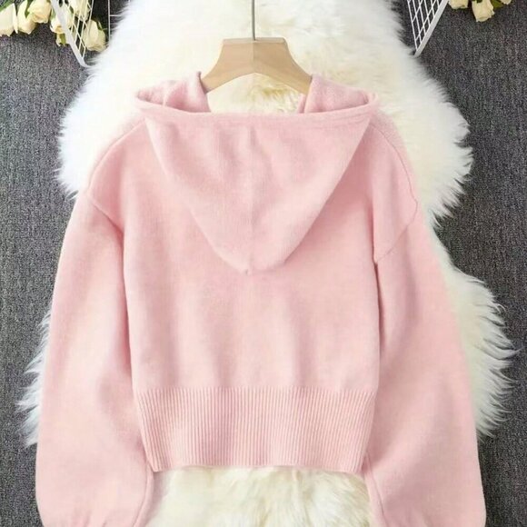 Baby Pink Casual Women's Button down Long Sleeve Drawstring Hooded Knit Cardigan - Picture 2 of 3